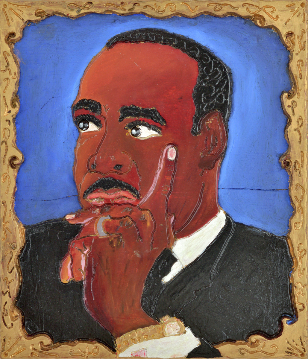 American polychrome relief carved wooden plaque depicting Martin Luther King. Jr. with surrouding gilt scrolled frame