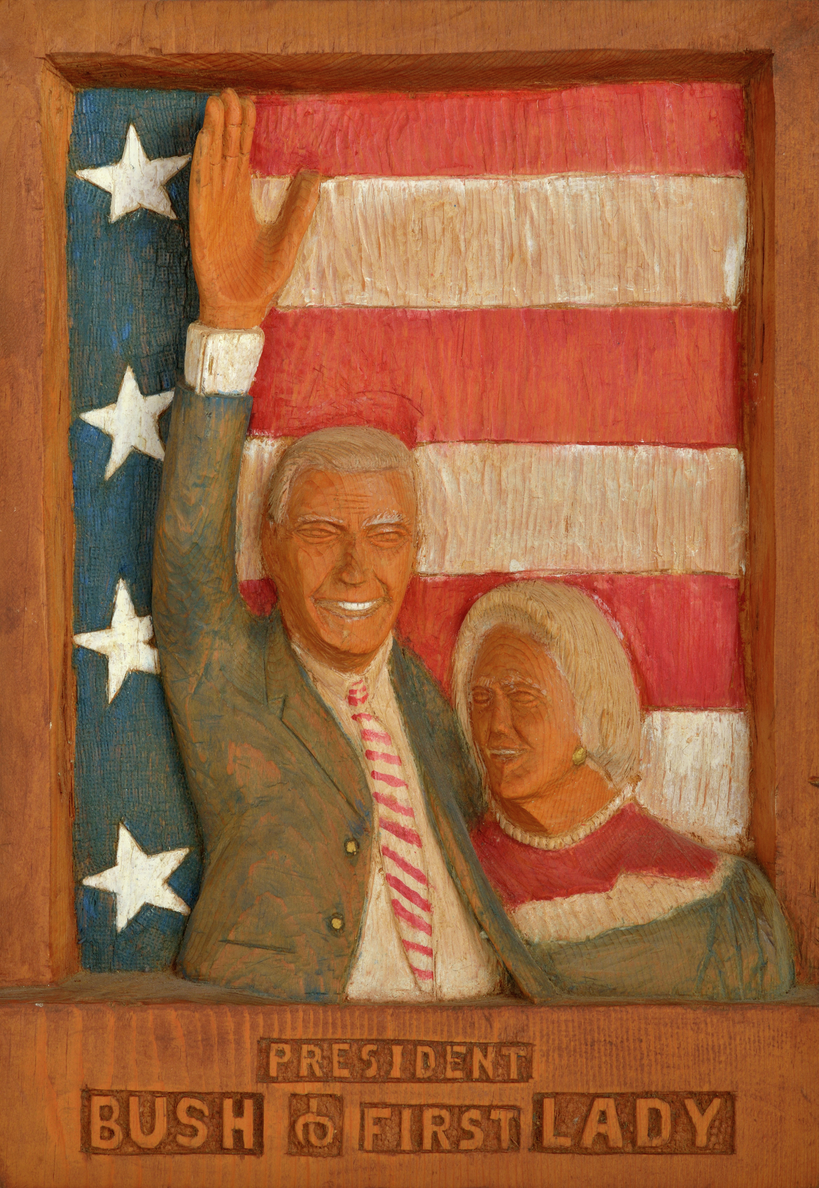 American polychrome relief carved wooden plaque depicting three quater portrait of George H.W. Bush and head and shoulder portrait of Barbara Bush, inscribed on base President Bush and First Lady
