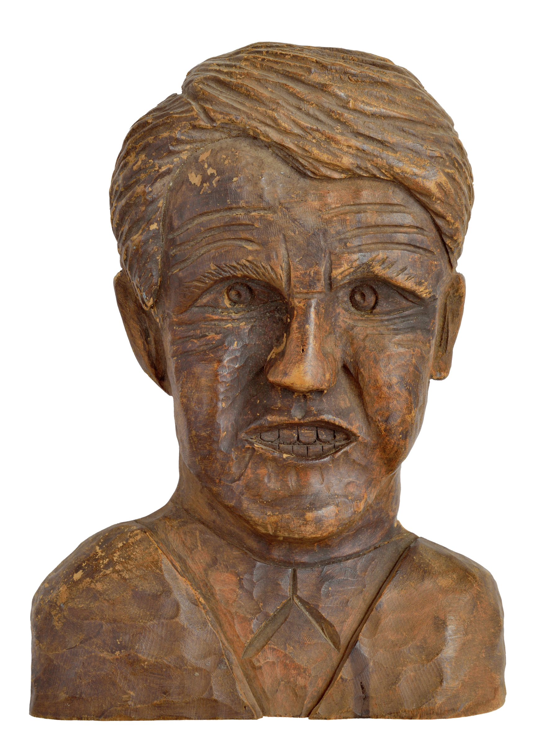 Stained and relief carved wooden plaque depicing head and shoulder portrait of JFK