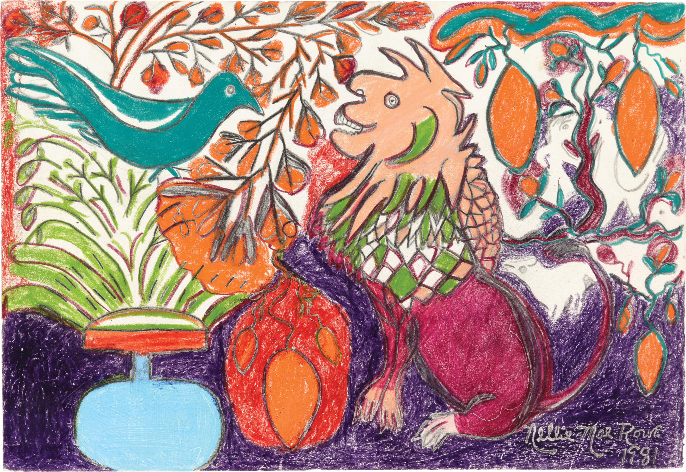 A multicolored lion with a mosaic-detailed mane faces a turquoise bird perched in a tree, all against a verdant, colorful background. 