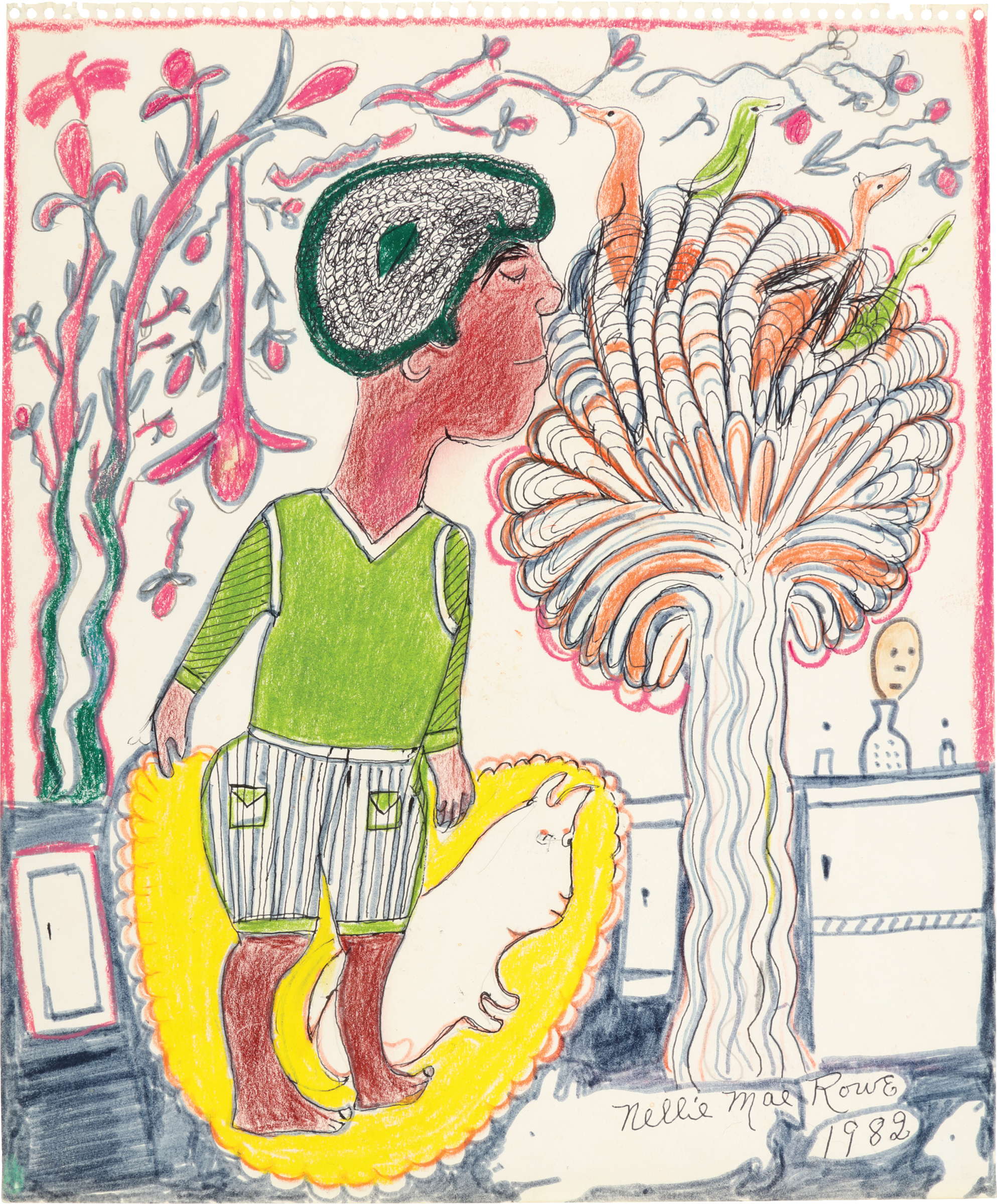 A brown-skinned person wearing a lime-green sweater sniffs a tree with closed eyes; a white doglike creature stands beside her; four birds eat from plants while perched in the tree’s foliage. 