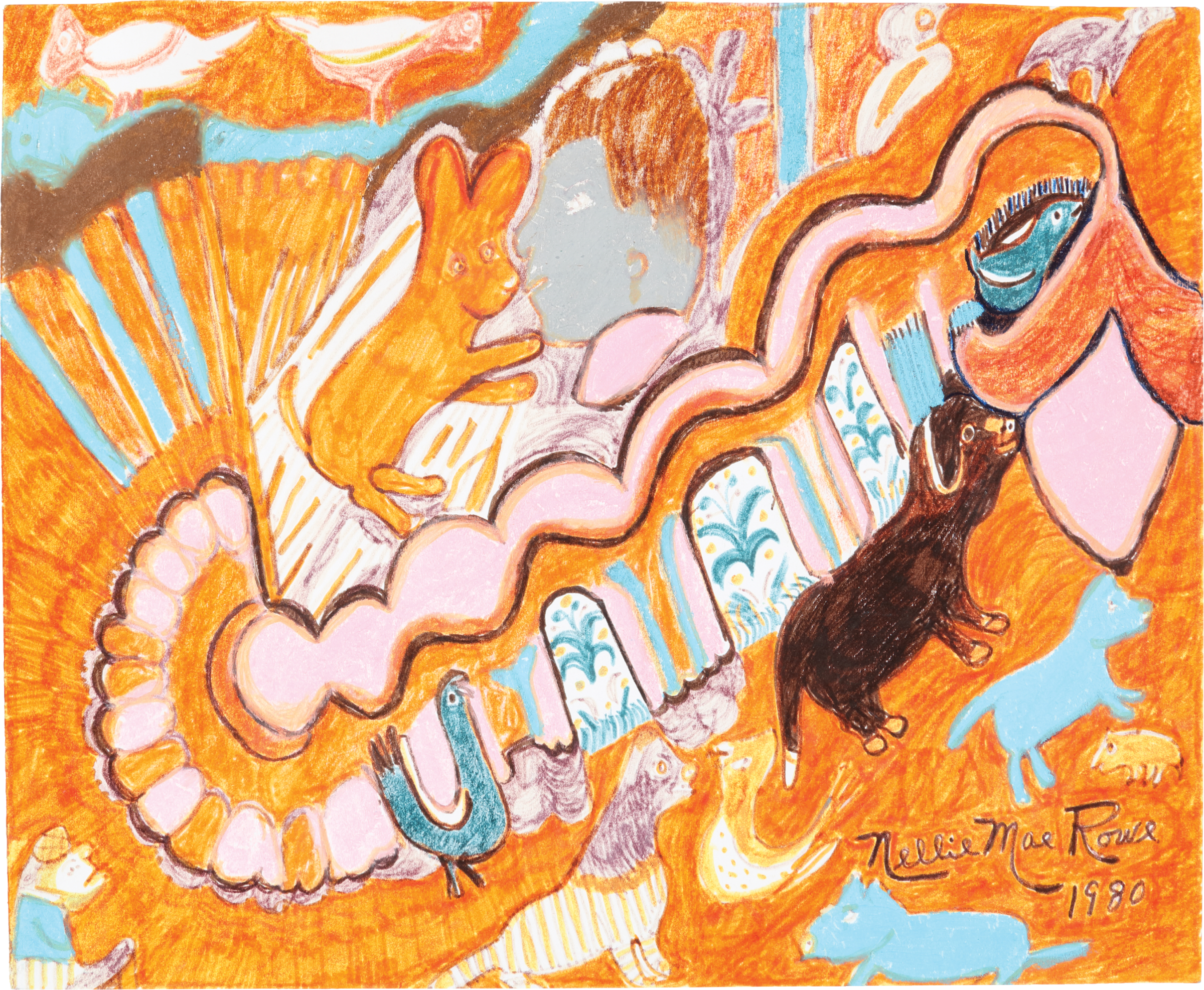 A pink squiggle figure is surrounded by animals and a human face against a bright orange background with sky-blue accents throughout.