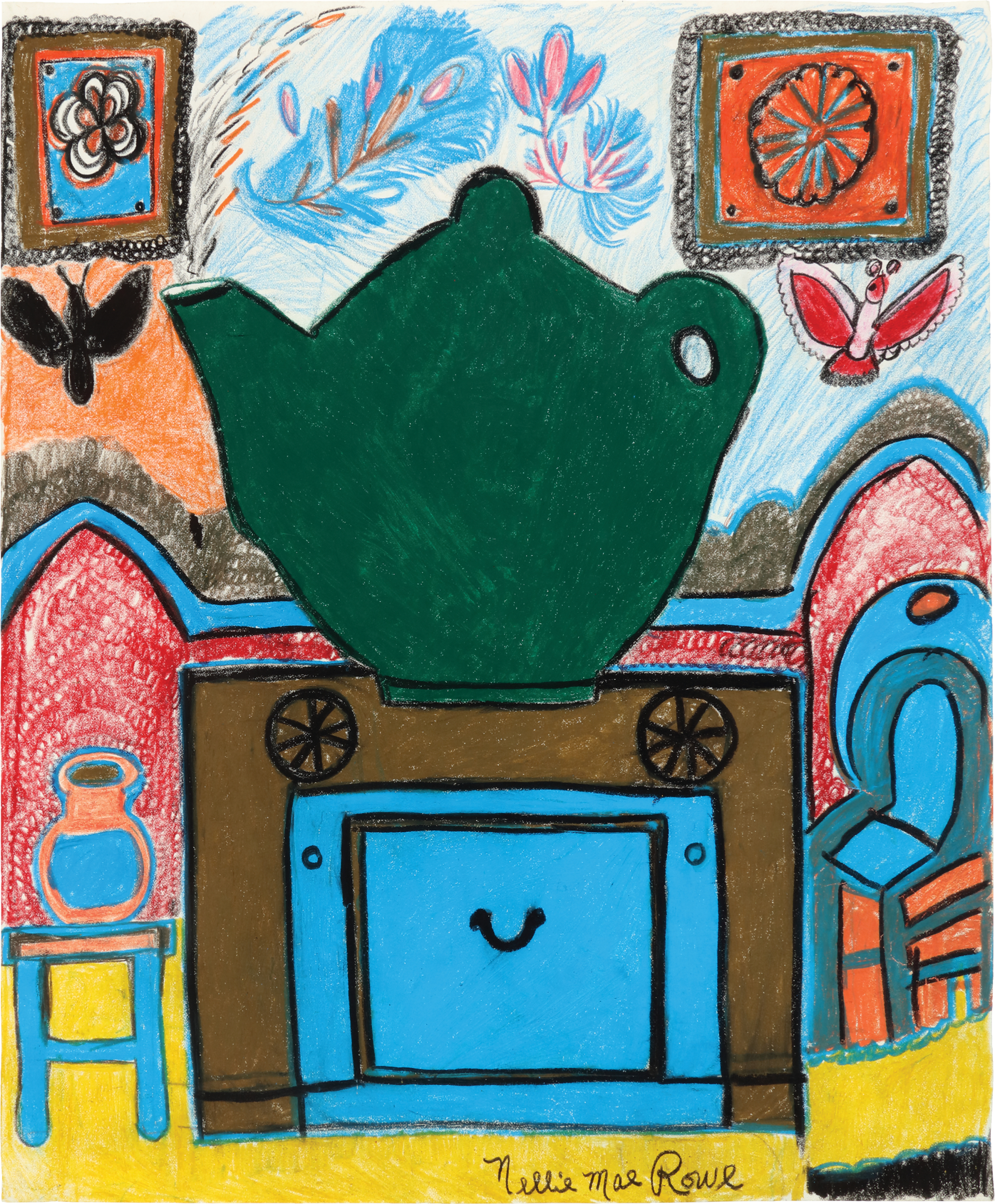 A disproportionately large green teapot sits atop a stove; framed depictions of flowers hang on the walls.