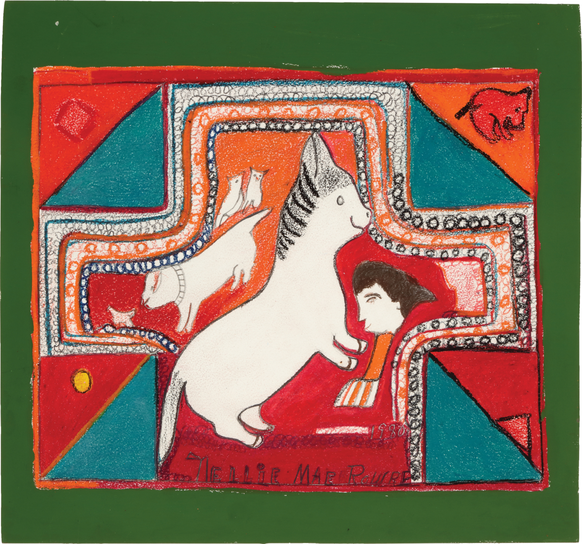 A large white mule kicks its front legs toward a small human figure within a red cross-shaped border and surrounded by dogs. Blue and red triangles, one of which includes a pig, fill the corners outside of the cross.
