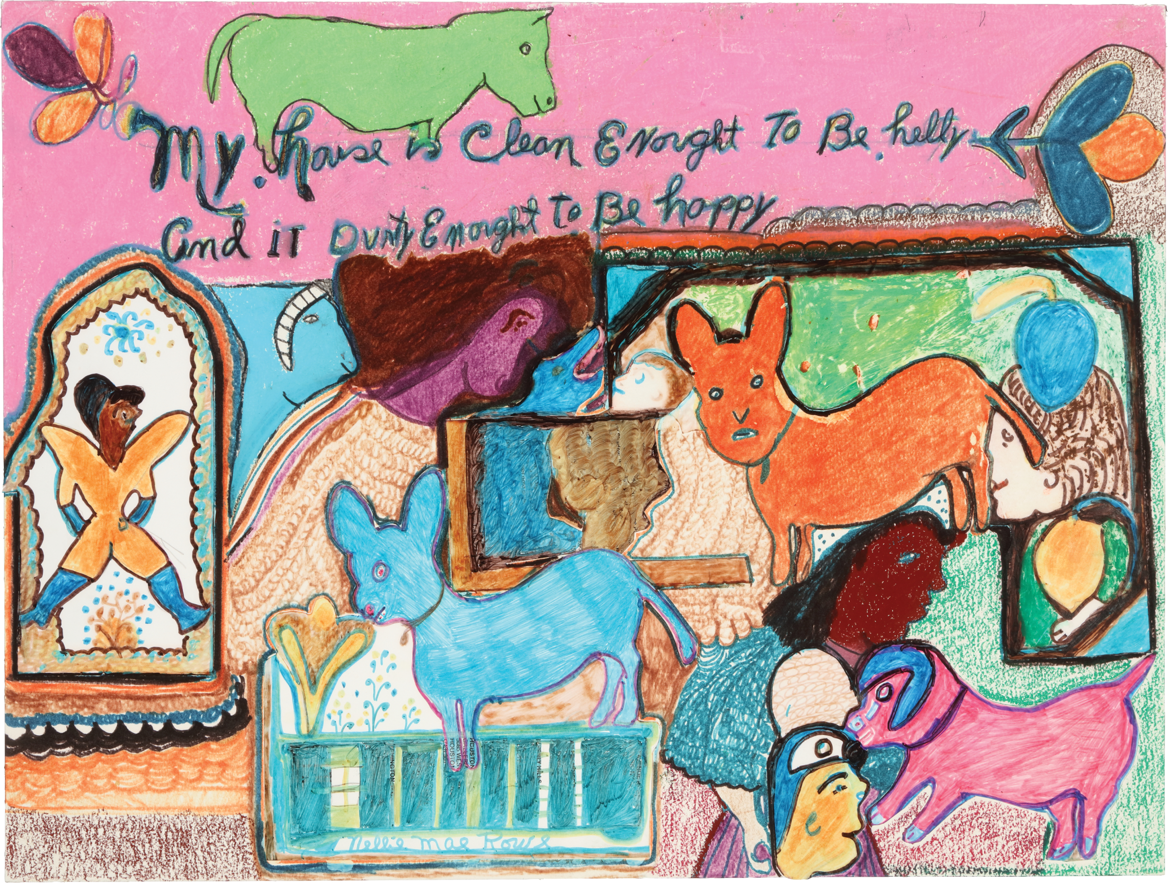 A scene depicts several animals and human figures of various colors and sizes; text above the scene across a pink background reads, “My house is Clean Enough to Be Healthy and it Durty Enough To Be happy.”