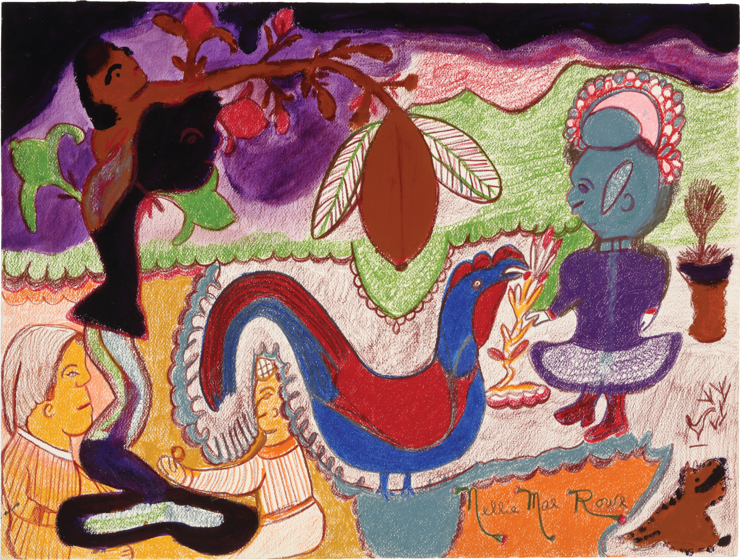A red and blue rooster eats from a plant tended to by a humanlike figure wearing a purple dress and red boots. Above, a plant hangs from a branch that extends from the arm of a Black human-tree hybrid. Other plants and figures fill the space.
