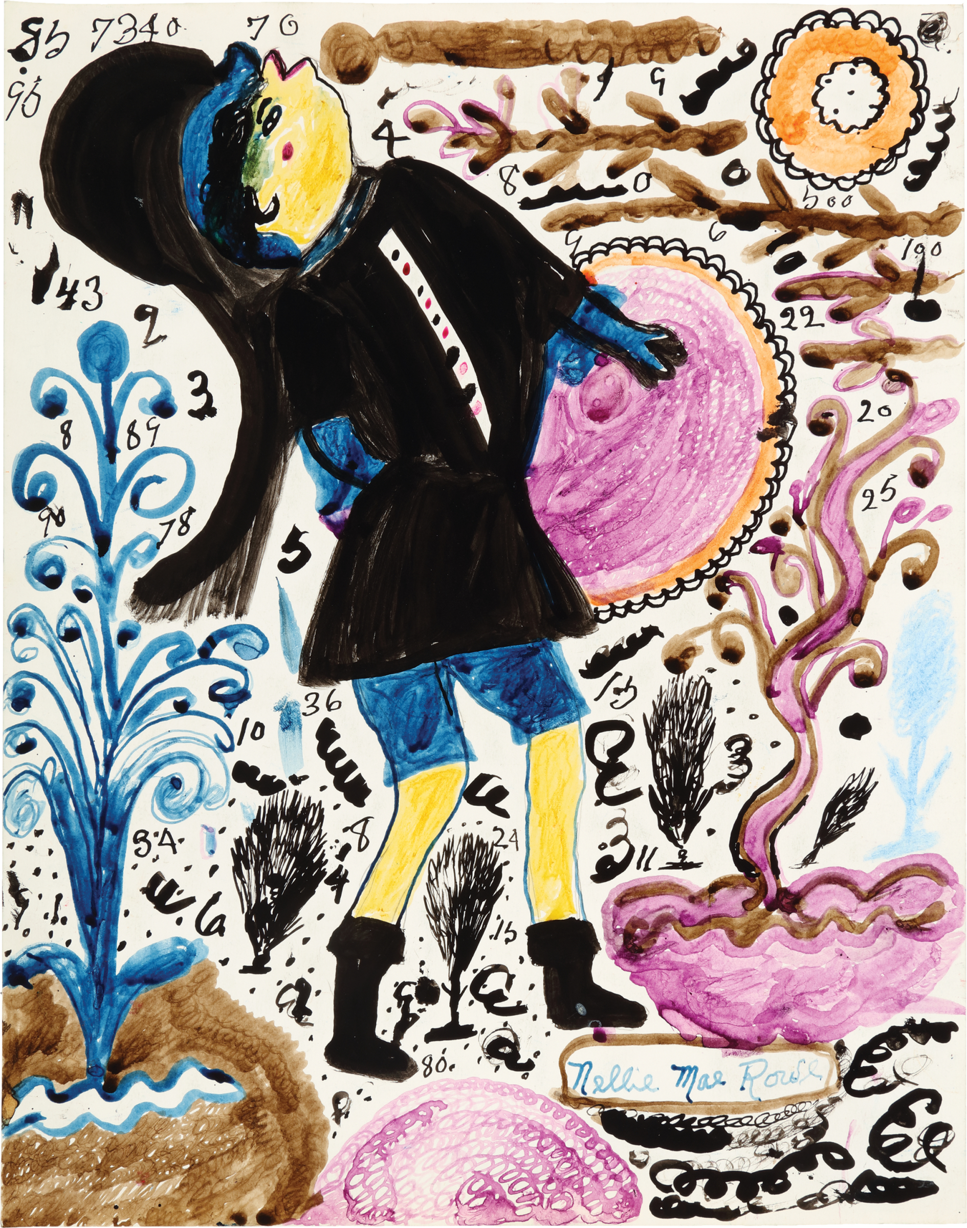 A person with their head tilted back and mouth open holds a large pink drum, surrounded by several numbers and ink drawings of plants.