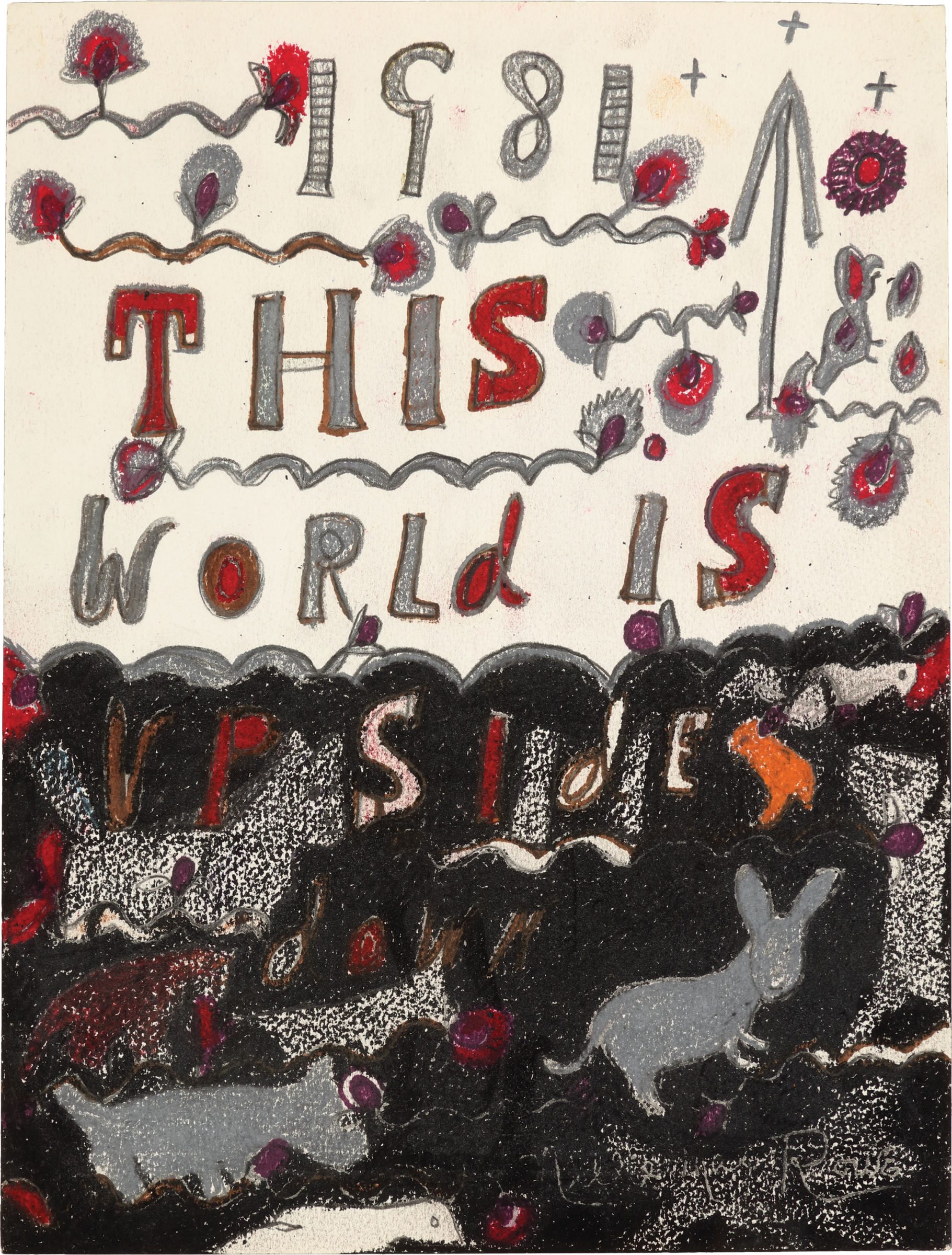 Text reading “This World is Up Side down” is written half on a white background, half on a black background with purple and silver accents; creatures and animals of various sizes surround the text.