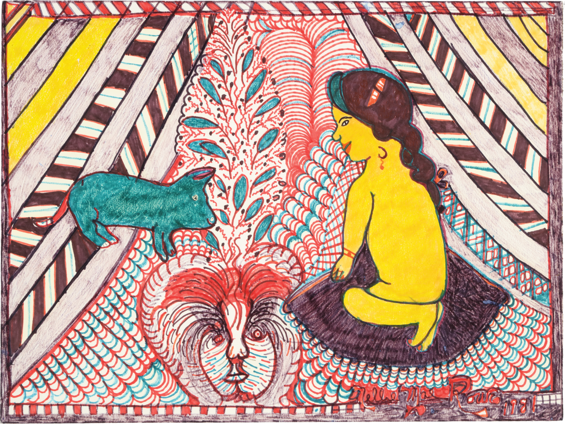 A nude, yellow-skinned woman with long brown hair kneels on a purple rug; she is surrounded by an ornate background with orange and blue scalloping details and a blue four-legged creature. 