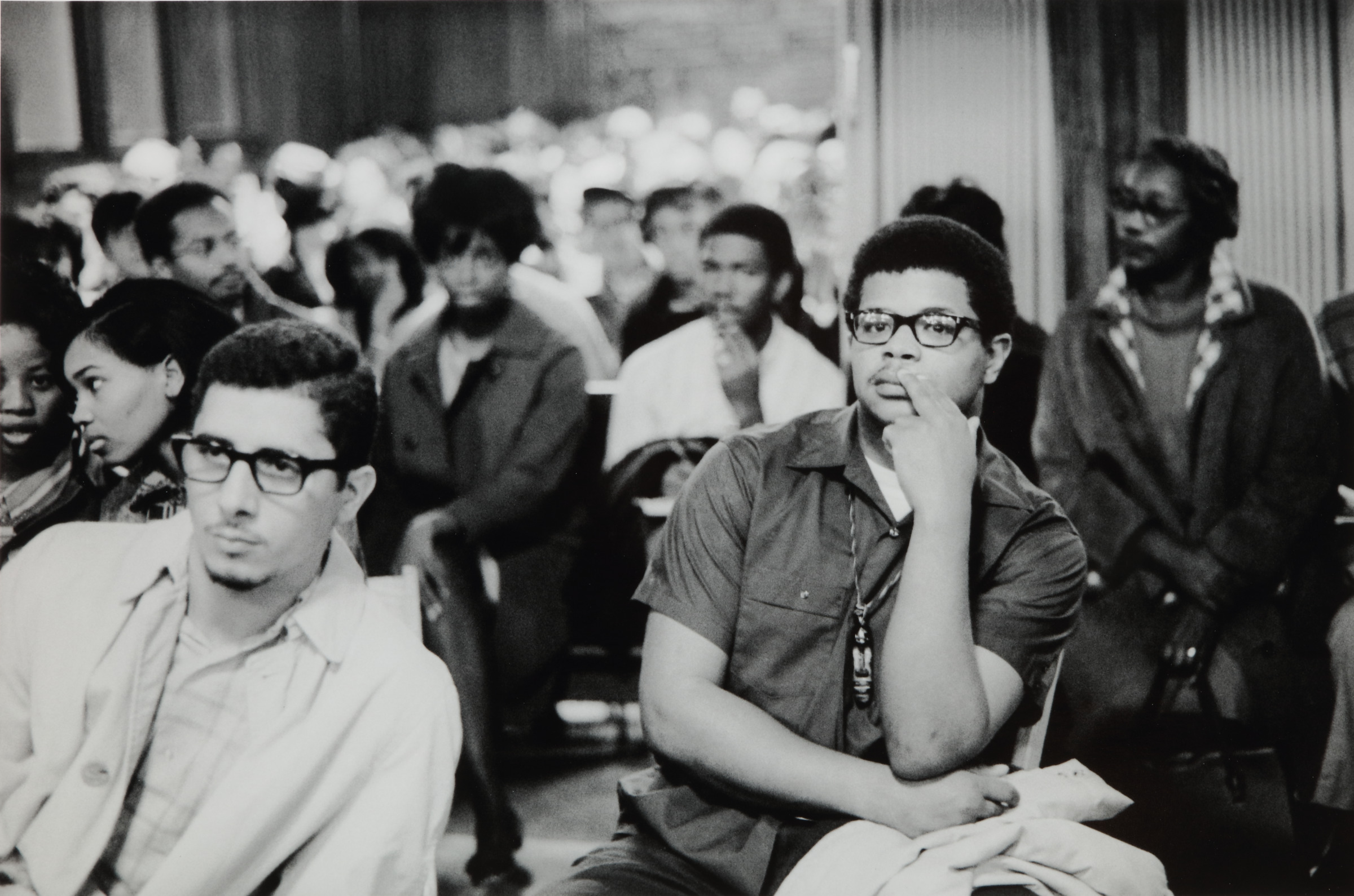 Audience, including SNCC organizer Donald Jackson and Mrs. Annie Devine, listening to speaker, House Representative Julian Bond, Tougaloo College, Tougaloo, Mississippi