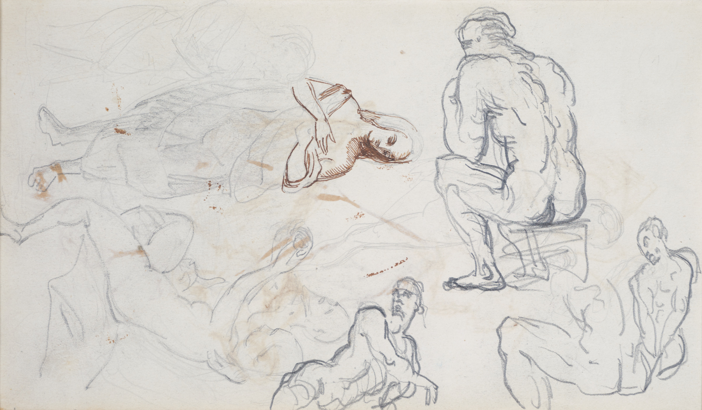 Various Studies Including a Seated Nude, a Standing Woman, and an Embracing Couple